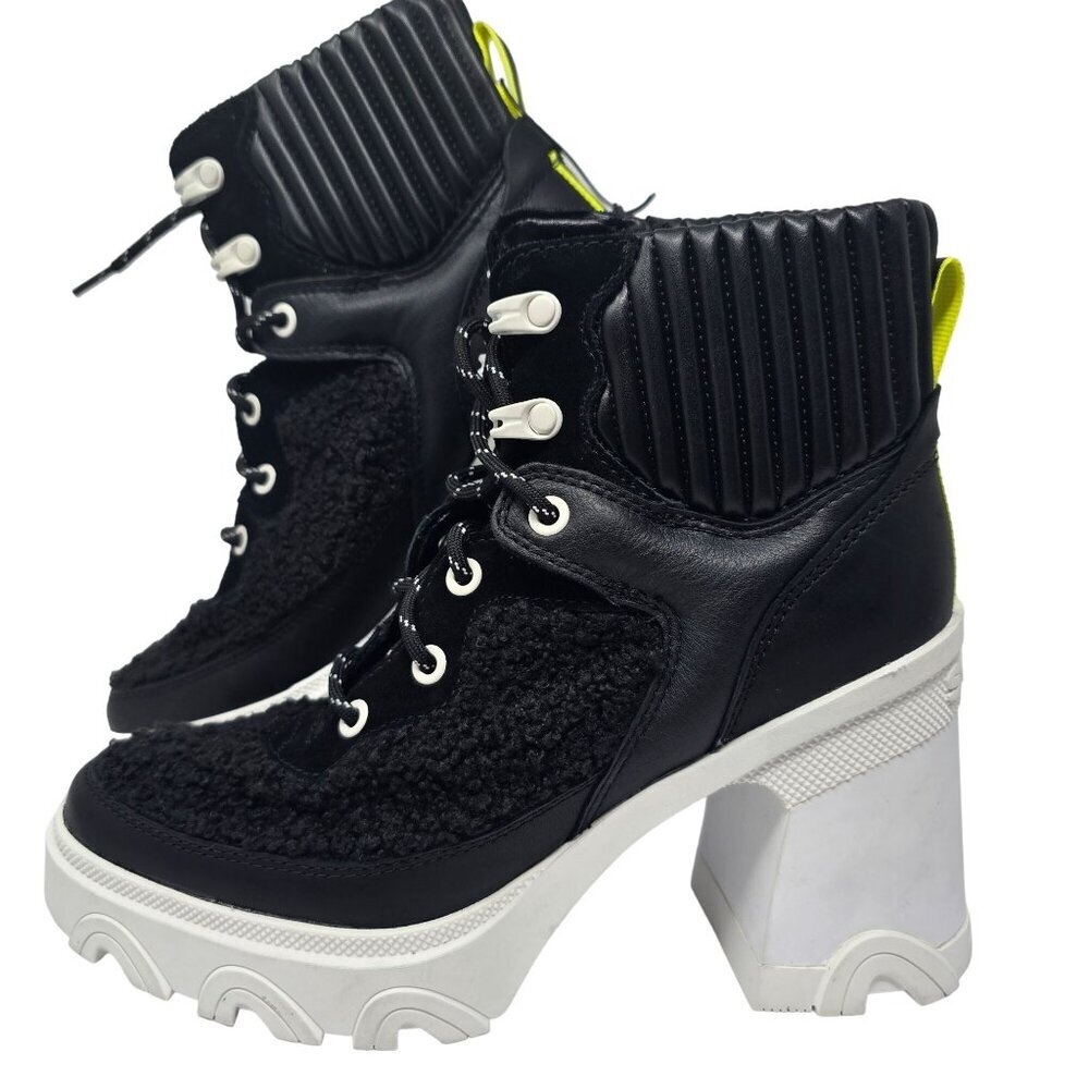 Sorel Brex Heel Cozy Boot Black Sea Salt Chunky Faux Fur Leather Womens Size 7.5